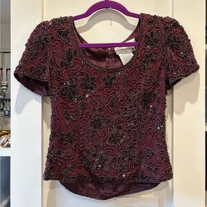 Vintage burgundy beaded short sleeve top!